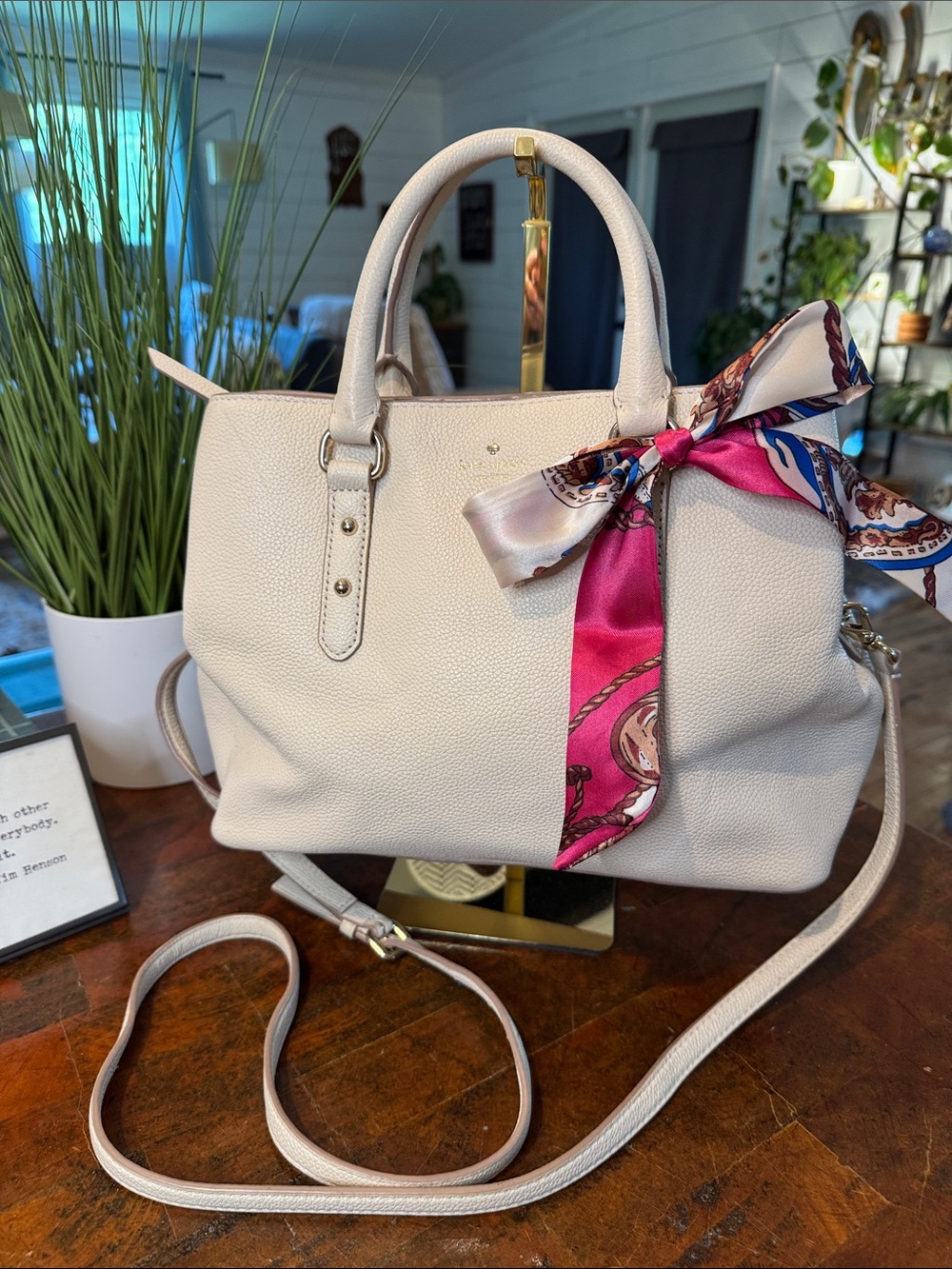 💕kate spade Cream Pebbled Leather Satchel with Pink Scarf Accent